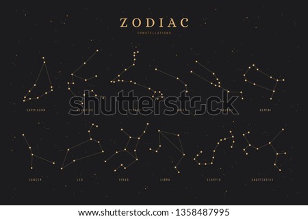 all 12 zodiac constellations on a dark night sky background with stars, astrology, astronomy spiritual vector design elements