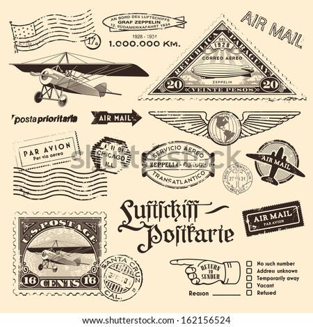 air mail stamps and other postage design elements translation: 