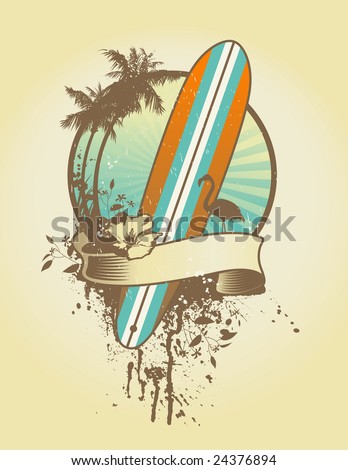 vintage surf emblem with classic longboard and floral elements