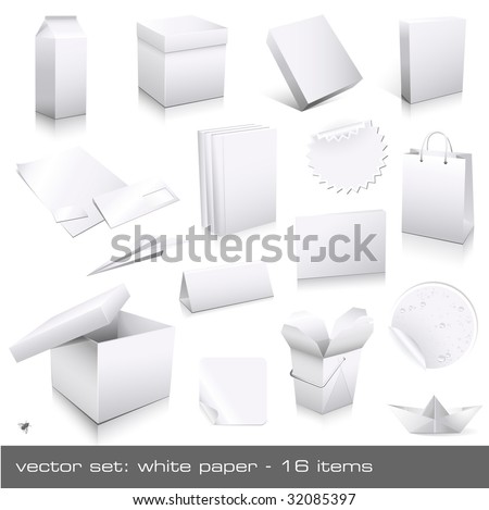 vector set: white paper - packaging and ci-dummies to place your design on, 16 pieces