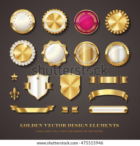 collection of golden vector design elements - blank seals, medals, shields / coats of arms, badges, banners, ribbons, scrolls and ornaments with transparent shadows