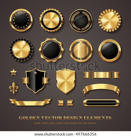 collection of elegant black and golden design elements - shields, labels, seals, banners, badges, scrolls and ornaments
