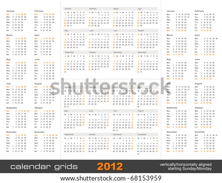 set of four simple calendar grids for 2012 - vertically/horizontally aligned, starting Sunday and Monday