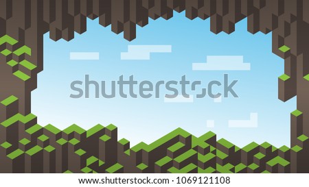 3d isometric background. Cube landscape. Hills. Landscape frame. Cave entrance.
