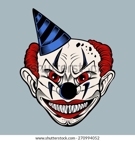 Cartoon Scary Evil Clown In A Blue Cap Grins. Colored Illustration ...