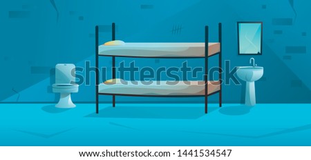 Jail room. Prison cell interior with bunk bed, toilet bowl, washbasin and dirty walls. Cartoon vector