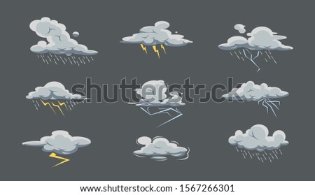 Storm cloud big set with rain and thunderstorm in cartoon style. Bad weather icon collection. Sky with rain