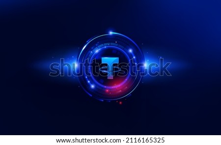 Tether or Usdt cryptocurrency web banner with blue and red lighting. Digital fiat. Blockchain technology. Vector illustartion