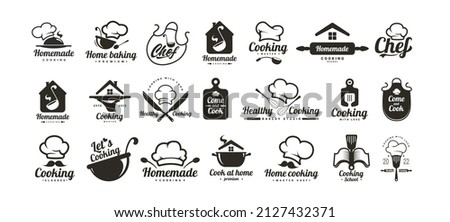Healthy cooking logos set. Food logo. Kitchen phrases. Home cook, chef, mustache, kitchen utensils icon or logo. Lettering vector illustration