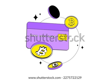 Crypto credit card with bitcoin. Isolated. Cryptocurrency digital wallet online. Isometric. Coin transfer. Neobrutalism style