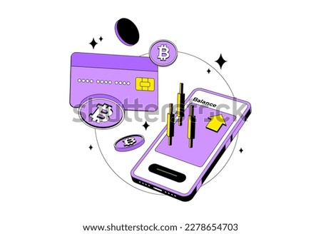 Crypto credit card with bitcoin, mobile and candlestick. Isolated. Cryptocurrency digital wallet online. Coin transfer. Modern style.  Isometric