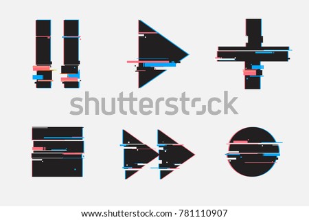 Set of abstract minimal template design for branding, advertising in geometric glitch style.Play, pause, record, play buttons. Modern background cover posters, banners, flyers, placards. 