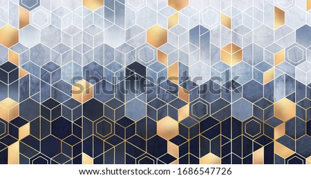 Geometric abstraction of hexagons on a blue relief background with gold elements. Fresco for interior printing, Wallpapers. Mural art.