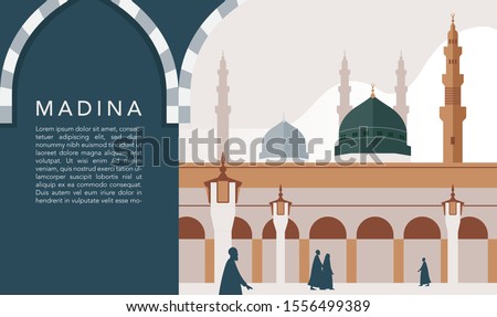 Masjid Nabawi at Madina Saudi Arabia. Important places to go when you go to Hajj&Umrah with minimal style design for brochure template background banner poster flyer Split layer of text and background