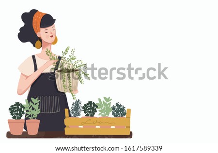 Woman planting gardens flowers, agriculture gardener hobby and garden job. Gardening person, gardener flowers. Flat vector illustration.