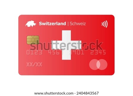 Realistic credit card with flag and map of Switzerland isolated on white background. Vector illustration, mockup. Bank of Switzerland