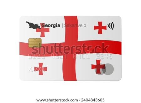 Realistic credit card with flag and map of Georgia isolated on white background. Vector illustration, mockup. Bank of Georgia