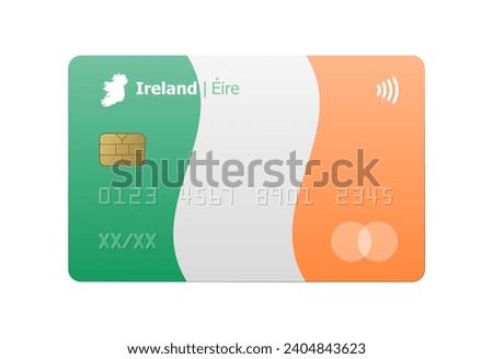 Realistic credit card with flag and map of Ireland isolated on white background. Vector illustration, mockup. Bank of Ireland