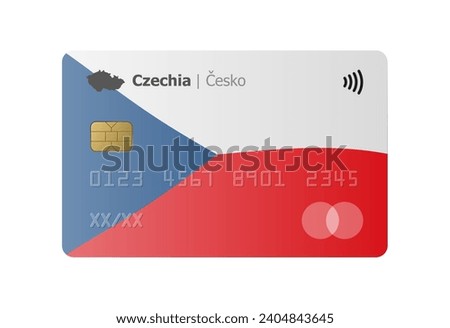 Realistic credit card with flag and map of Czech Republic isolated on white background. Vector illustration, mockup. Bank of Czech Republic
