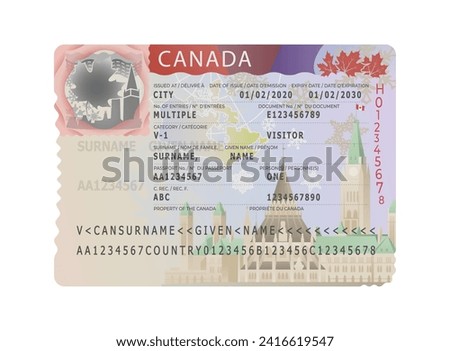 Canadian visa sticker template isolated on a white background, vector illustration. Travel visa document. Canada