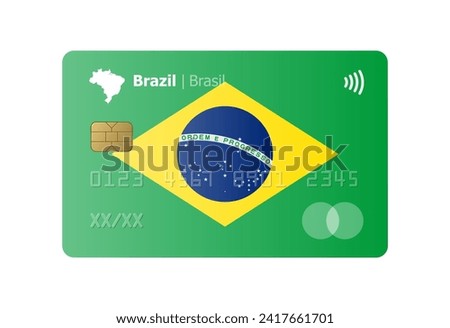 Realistic credit card with flag and map of Brazil isolated on white background. Vector illustration, mockup. Bank of Brazil