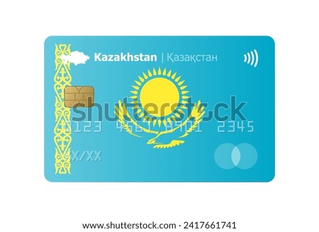 Realistic credit card with flag and map of Kazakhstan isolated on white background. Vector illustration, mockup. Bank of Kazakhstan
