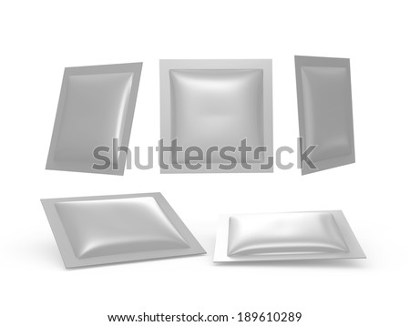 Square silver foil heat sealed packet  with clipping path, for sweet, snack, milk bar, coffee, salt, sugar, medicine drug, cooling gel patch, condom, seed, or paper wipe, ready for your design