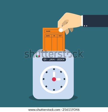 Hand putting  paper card in time recorder machine.  Flat style vector for time stamping  concept. 