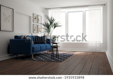 modern room with sofa,pillows,plant,carpet,pictures,book and curtains interior design. 3D illustration Zdjęcia stock © 