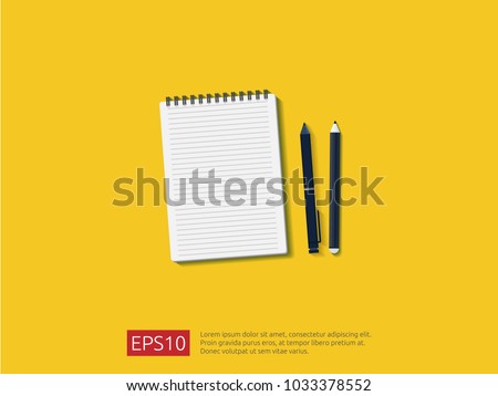 top view of empty blank notebook. note pad paper sheet on desk.  isolated notepad with pencil and pen on workdesk. vector illustration