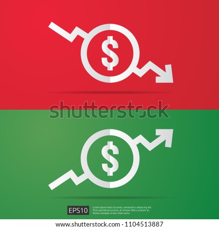 dollar increase decrease icon. Money symbol with arrow stretching rising up and drop fall down. Business cost sale and reduction icon. vector illustration.