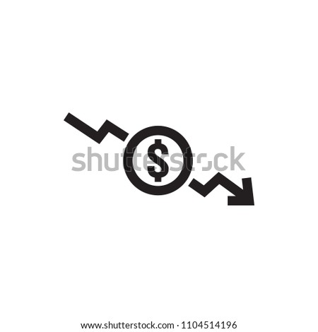 dollar arrow decrease icon. Money arrow symbol. economy stretching rising drop fall down. Business lost crisis decrease. lower cost, reduction bankrupt icon. vector illustration.