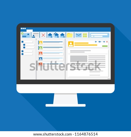 Email client software on Computer screen flat icon. business concept. office things for planning and accounting, analysis, audit, project management, marketing, research vector illustration