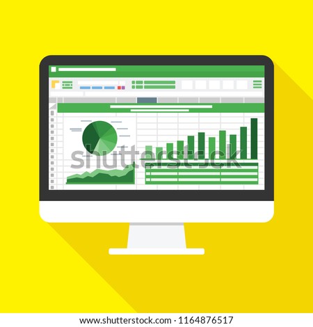 Spreadsheet on Computer screen flat icon. Financial accounting report concept. office things for planning and accounting, analysis, audit, project management, marketing, research vector illustration