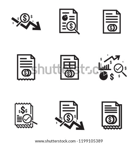 Business analysis icon. symbol with magnifying glass. dollar increase revenue. Money with arrow. finance cost. decrease rate economy stretching. lost crisis. reduction bankrupt. vector illustration