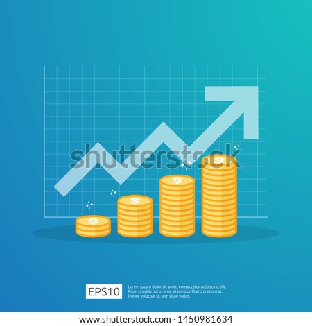 Finance performance of return on investment ROI concept with arrow. income salary rate increase. business profit growth margin revenue. cost sale icon. dollar symbol flat style vector illustration