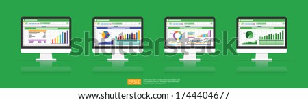 Spreadsheet on Computer screen flat icon. Financial accounting report concept. office things for planning and accounting, analysis, audit, project management, marketing, research vector illustration