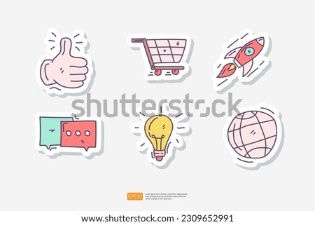 thumb up hand, wheel trolly, Rocket launch, chat bubble conversation, creativity with bulb lamp, world globe. customer evaluating feedback concept doodle sticker set icon vector illustration