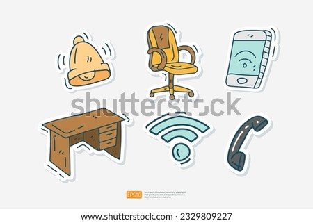 Ringing Bell, Office Worker chair, connection on phone, Working Table, wifi wireless hotspot symbol, Telephone cute doodle icon. sticker set vector illustration