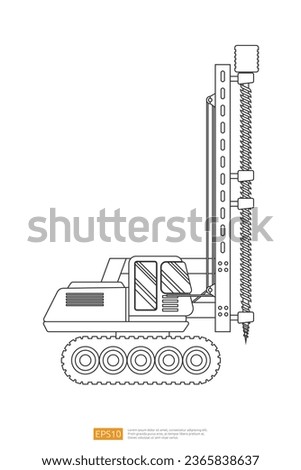 Line Track Drilling Machine on white background. big heavy machinery equipment vehicle. Drilling Tractor flat construction and mining Industry car. Coloring Page Book Cartoon Isolated for Kids