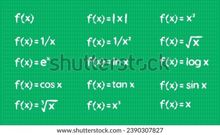 function equation formula fx f(x) icon hand drawn doodle vector illustration collection set. Linear, constant, logarithmic, exponential, square root, logistic, trigonometric function