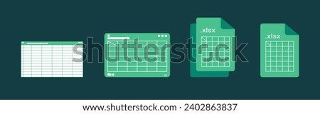 Spreadsheet on Computer screen flat illustration. Financial accounting report concept. office things for planning and accounting, analysis, audit, project management, marketing, research vector set