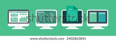 Spreadsheet on Computer screen flat illustration. Financial accounting report concept. office things for planning and accounting, analysis, audit, project management, marketing, research vector set