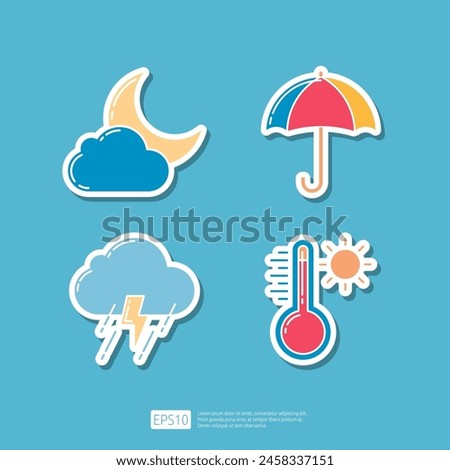 Night Weather with Moon and Cloud, Umbrella, Lightning Rainy season, Summer Temperature Thermometer. Weather Icons Collection Set Vector illustration