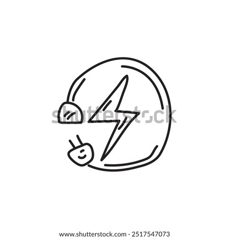 Hand drawn doodle of lightning bolt in circle with two plugs. Concept of energy, power, electricity, connection.