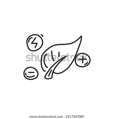 Hand drawn illustration of a leaf with a plus, minus, and lightning bolt symbols. Concept of energy, nature, sustainability, and eco-friendly.