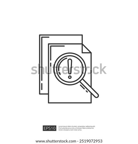 Document with magnifying glass and exclamation point icon. Concept of search, document, alert, notice, warning, important, find, notification