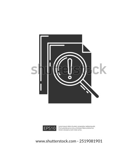 Document with magnifying glass and exclamation point icon. Concept of search, document, alert, notice, warning, important, find, notification