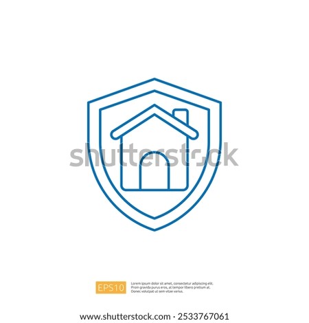 A simple blue outline of a house within a shield, symbolizing home protection or security. Ideal for real estate or insurance themes.