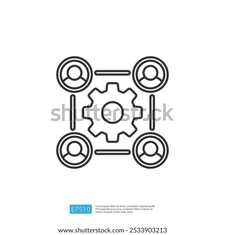 A graphic illustration featuring interconnected users around a central gear, symbolizing collaboration and teamwork in a business or technological context.